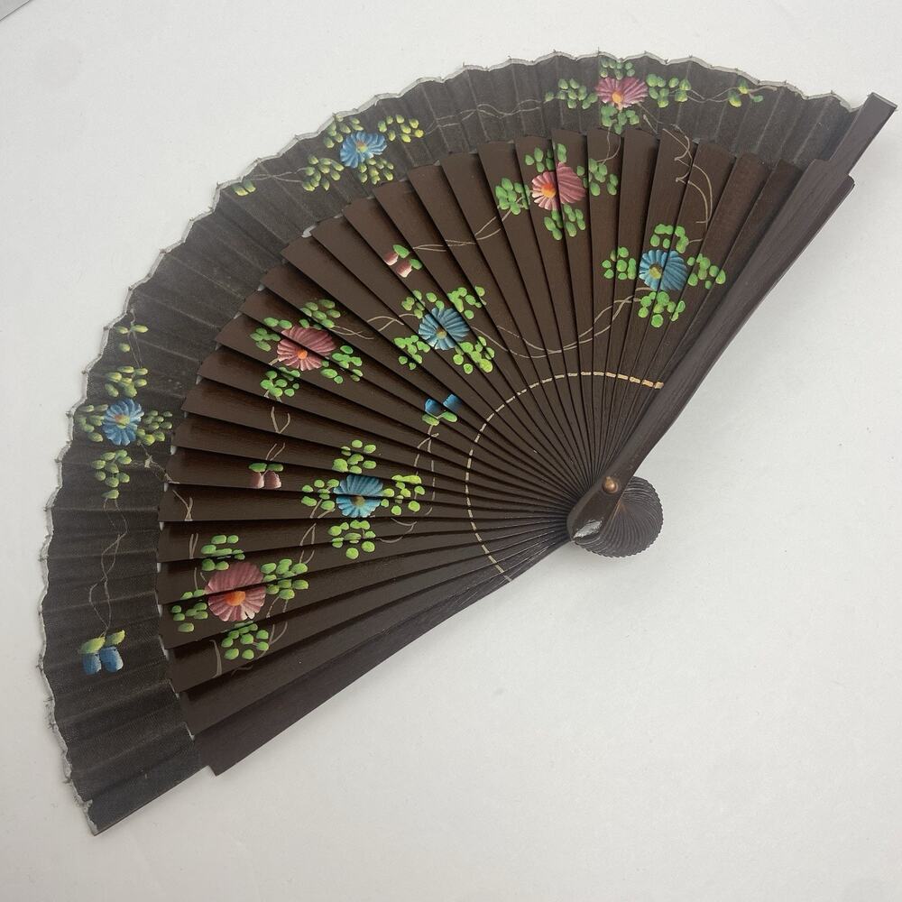 Hand Painted Flower Art Fan From Philippine Islands Vintage 1970 Asian Decor